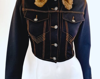 Jean Paul Gaultier Denim Fake Fur Collar Navy Blue Woman Women XS
