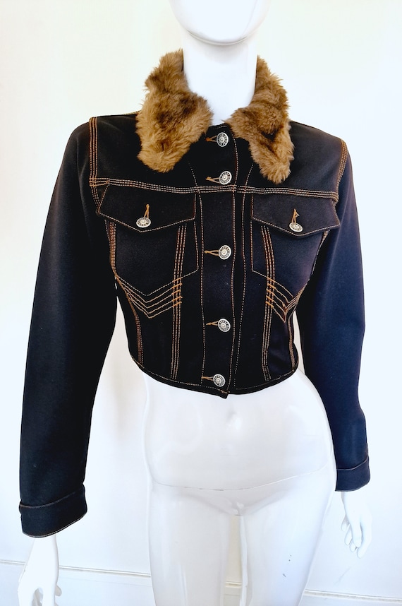 Jean Paul Gaultier Denim Fake Fur Collar Navy Blue Woman Women XS