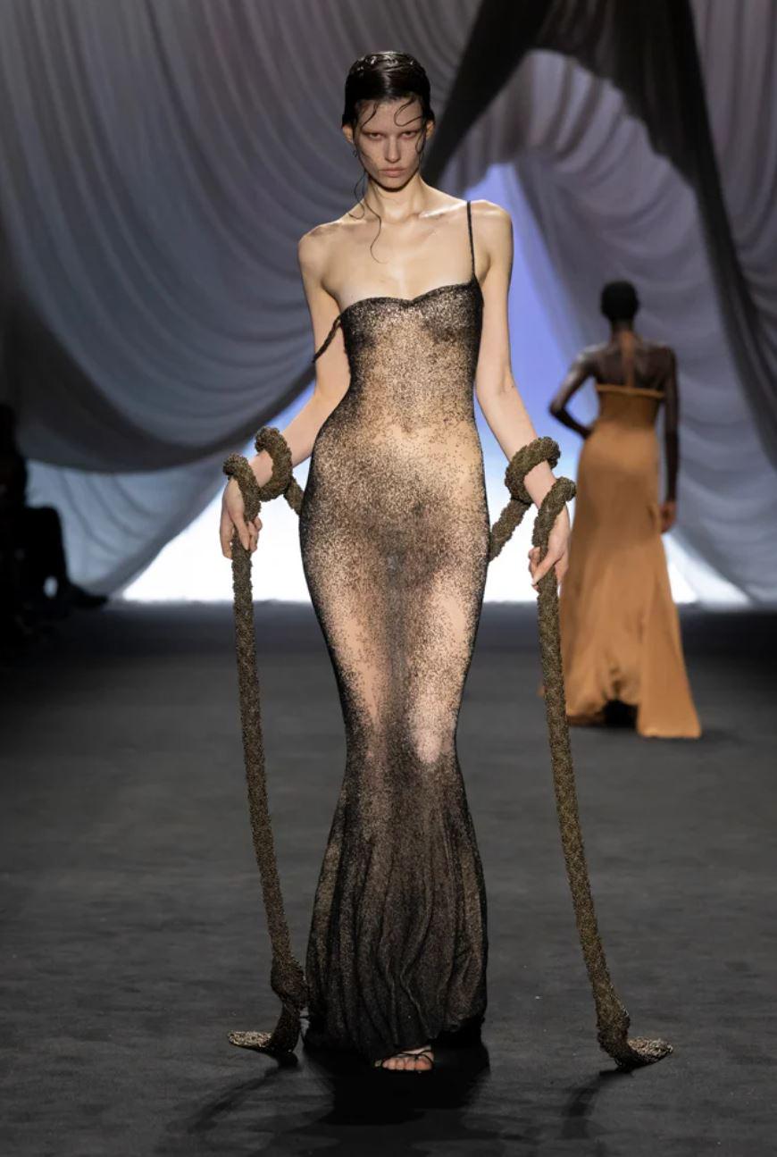slim fit dress slacks Jean Paul Gaultier S/S 1991 Metallic gold sequin crop-top and dress se