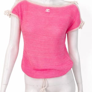 Courrèges Paris Vintage Rosa Stickad Topp - Y2K Neon Virkad Tröja Öppen Bara Axlar Knytpullover Transparent - Storlek Medium bild 8