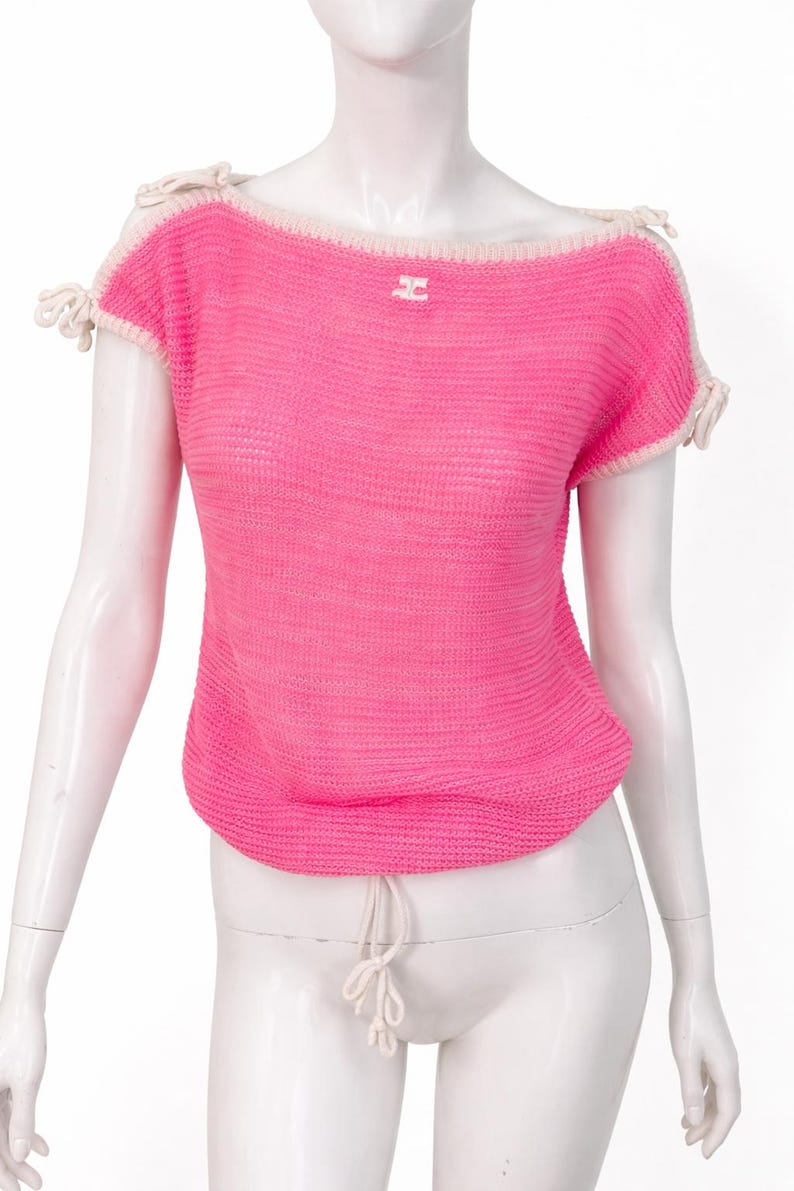 Courrèges Paris Vintage Rosa Stickad Topp - Y2K Neon Virkad Tröja Öppen Bara Axlar Knytpullover Transparent - Storlek Medium bild 8