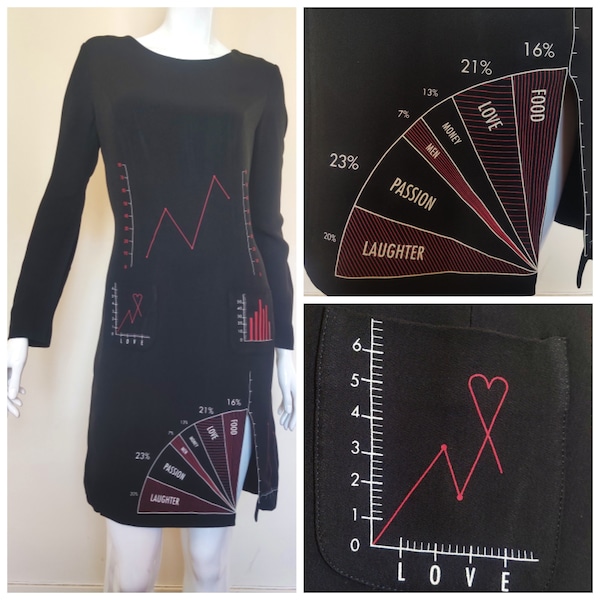 Moschino Cheap and Chic Couture Diagram Graph Math Love Food Passion Vintage 90s Top Set Working Work Large Midi Dress