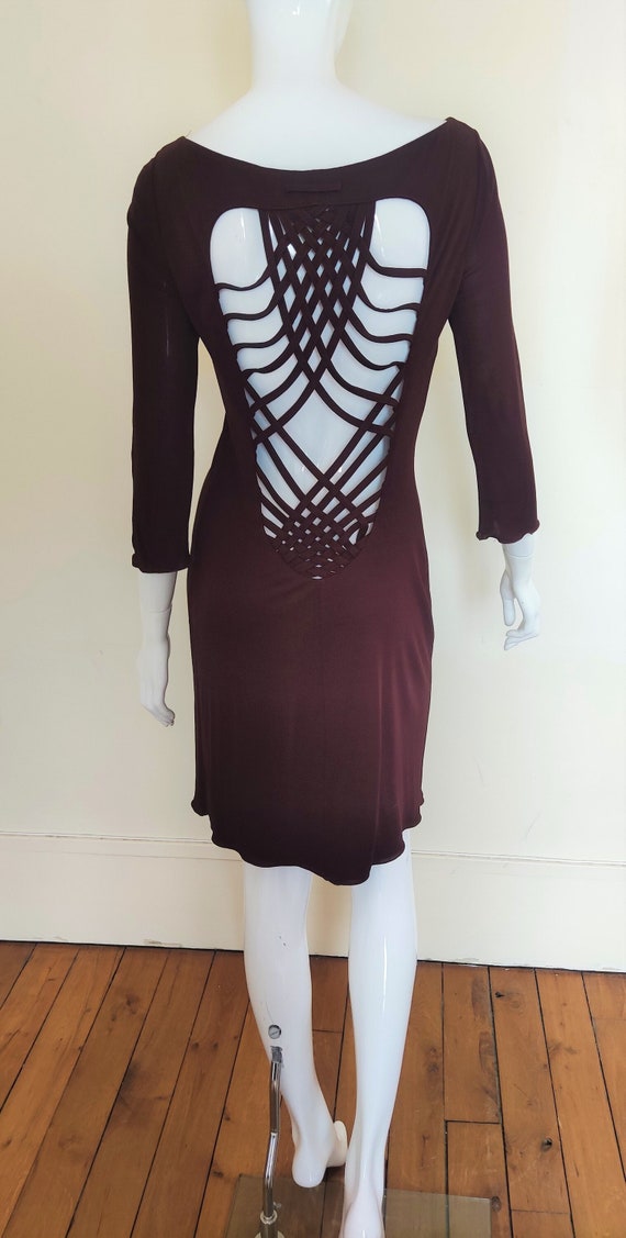 jean paul gaultier backless dress Open Back Evening Cocktail Elegant JPG Brown Bordeaux Tattoo Vintage 90s Mini Midi SIZE:M Stacees Applique Halter Fitted size:m