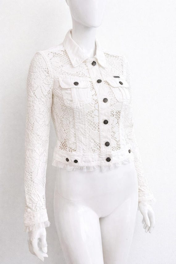 John Galliano, John Galliano Crochet Lace Denim Jacket – White Fitted – Designer – Transparent Vintage - XS X-small Small