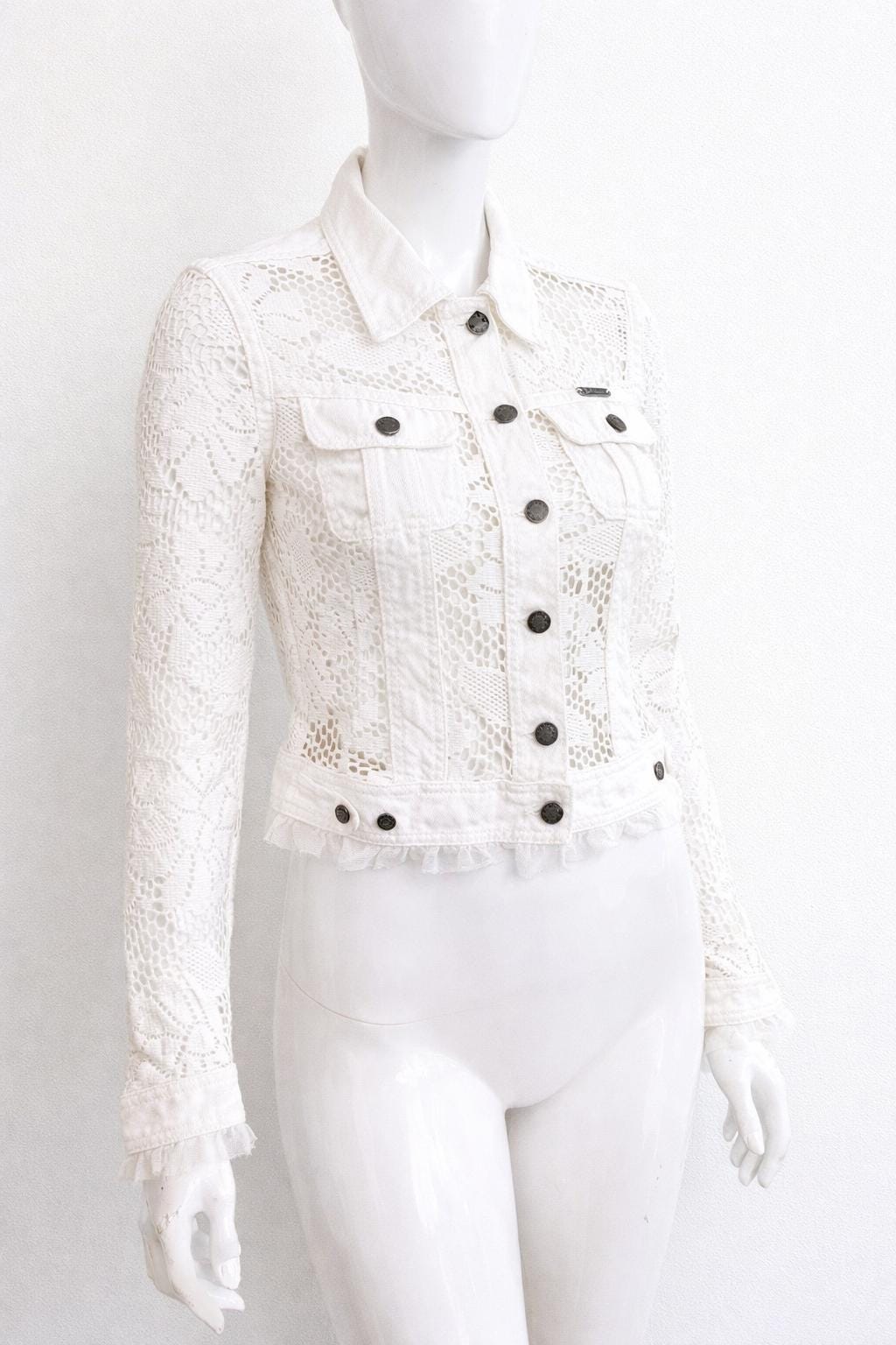 John Galliano, John Galliano Crochet Lace Denim Jacket – White Fitted – Designer – Transparent Vintage - XS X-small Small