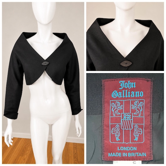 John Galliano, Early John Galliano SS 1990 Greek Widows Black Linen Crop Bolero Jacket - Eye Button Made in Britain England Archive - Size Small