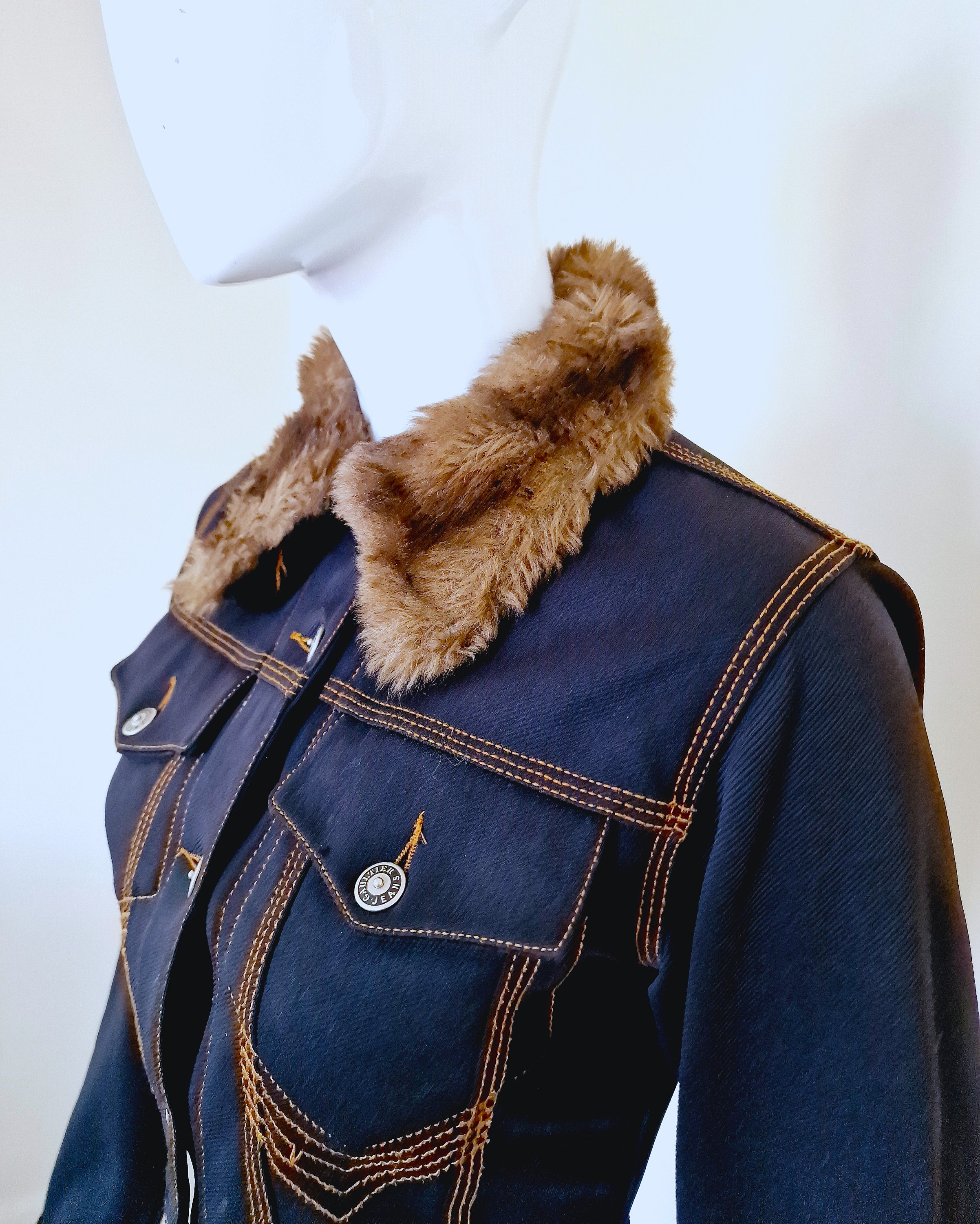Jean Paul Gaultier Denim Fake Fur Collar Navy Blue Woman Women XS