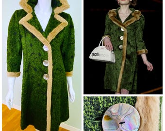 JOHN GALLIANO Pasarela Otoño/Invierno 2000 Rex Rabbit Fur Couture Chaqueta larga mediana grande con ribete de piel Dévoré verde Abrigo de invierno