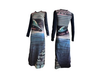 COP COPINE Extrem selten Vintage 90er Jahre Space UFO Alien Print Futuristisch Dystopian Grunge Cyber Age 00s 2000s Small Medium Maxi Kleid