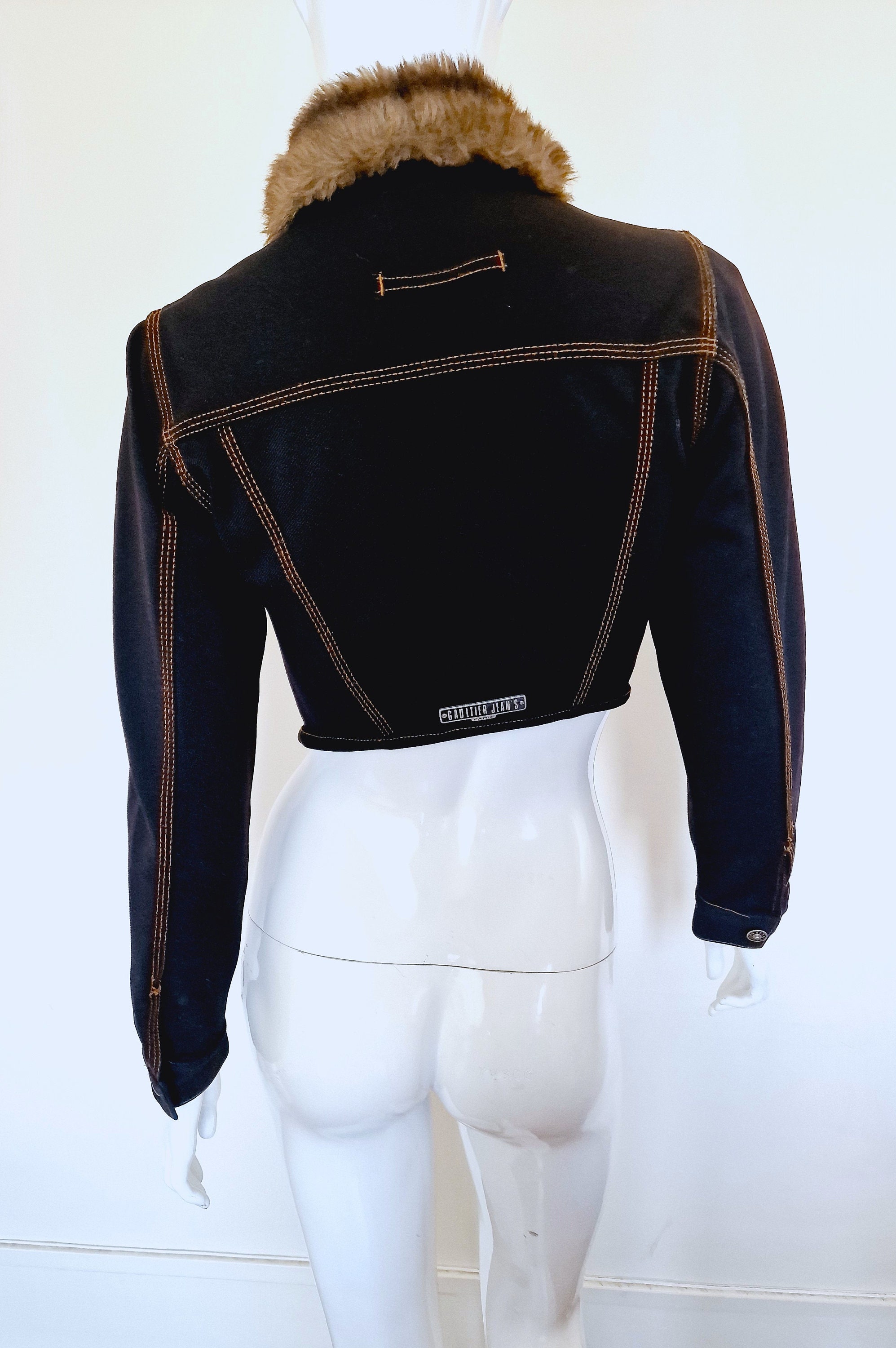 Jean Paul Gaultier Denim Fake Fur Collar Navy Blue Woman Women XS
