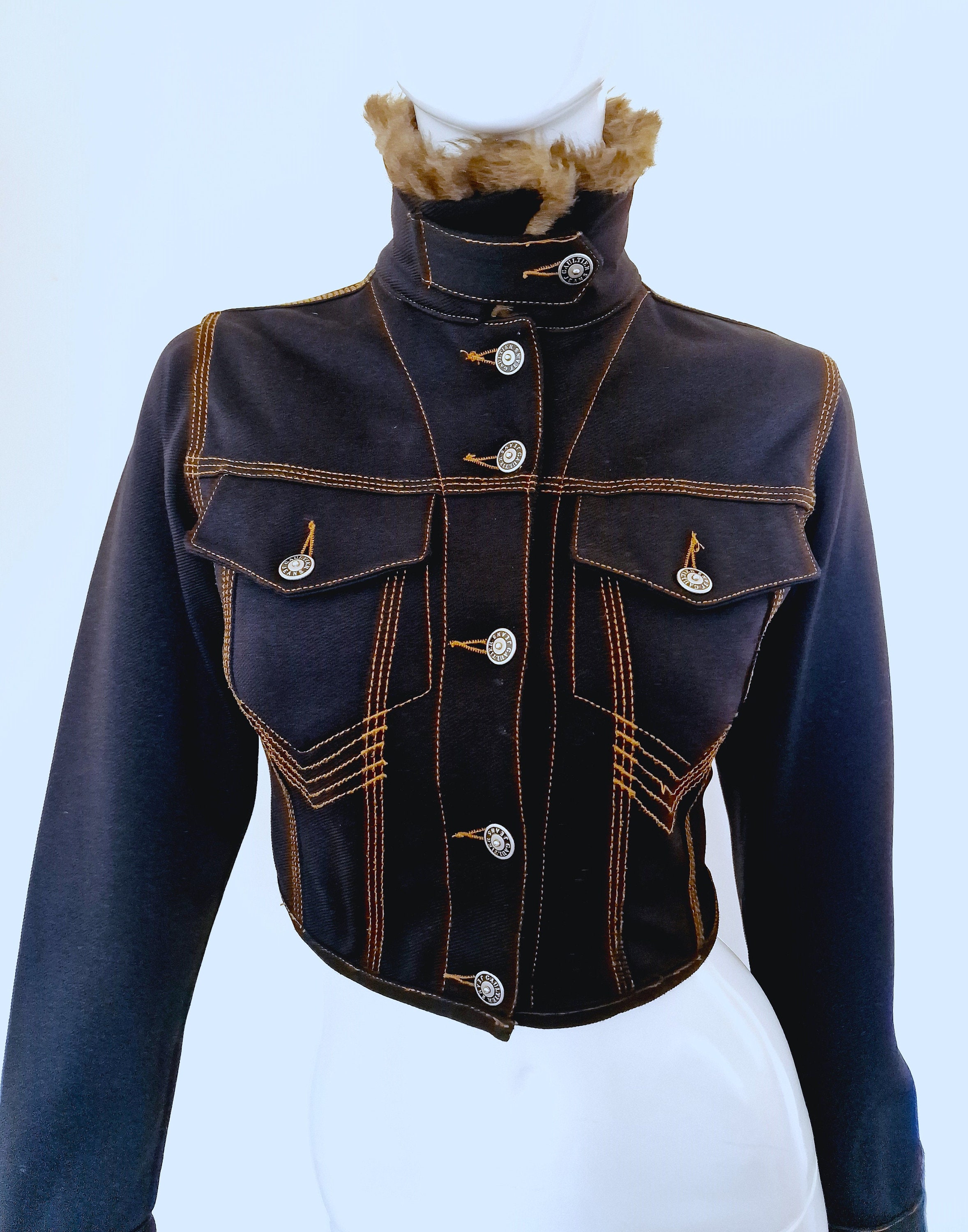Jean Paul Gaultier Denim Fake Fur Collar Navy Blue Woman Women XS