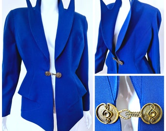 Thierry Mugler Chain Vampire Runway Panel Evening Couture Blue Wasp Waist Marine Sailor Large Vintage 90s Fringe Blazer Jacket