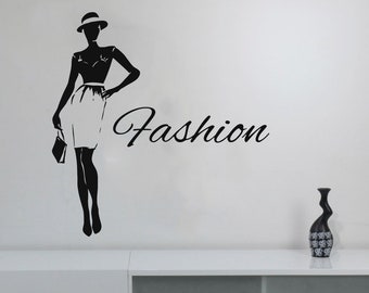 Wall Decal Window Sticker Beauty Salon Woman Face Fashion Style Clothing Boutique Dress Black Dress Model Hat  t228