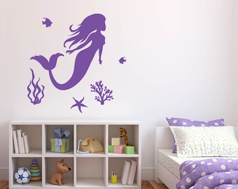 Mermaid Wall Decal: Removable Vinyl Sticker, Kids Bathroom Decor J045