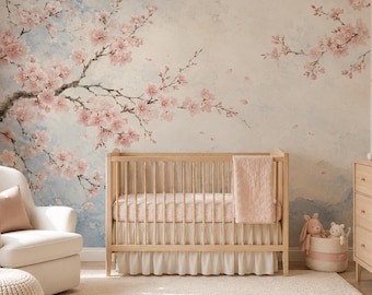 Cherry Blossom Mural – Pink Watercolor Branches with Soft Blue Sky | BL1009
