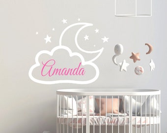 Personalized Name Wall Decal | Clouds Moon and Stars Wall Decal | Custom Name Wall Decal | Decal for Nursery cn19