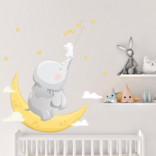 Nursery Wall Decal Elephant on the Moon Sticker Watercolor Etsy