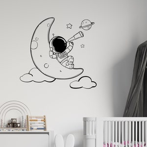 Astronaut On The Moon Wall Decal | Outer Space Wall Decal | Custom Name Wall Decal | Decal for Nursery AST32