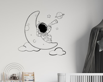Astronaut On The Moon Wall Decal | Outer Space Wall Decal | Custom Name Wall Decal | Decal for Nursery AST32