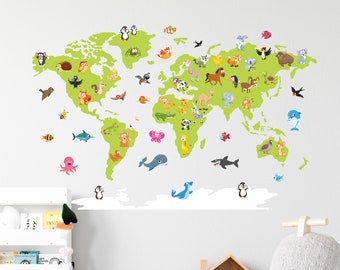 Animals World Map Wall Decal Sticker Mural Poster Print Art Kids ...