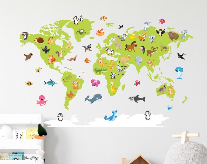 World Map Animal Vinyl Wall Decal – Nursery Decor (79x46.5”) - Etsy Finland
