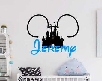 Personalized Name Wall Decal | Disney Castle Mickey Mouse Ears Wall Decal | Custom Name Wall Decal | Decal for Nursery cn32