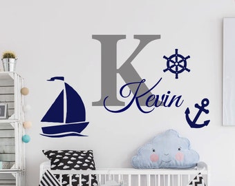 Personalized Name Wall Decal | Sail Boat Wall Decal | Ship Anchor Wall Decal | Custom Name Wall Decal | Decal for Nursery cn23