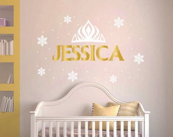 Personalized Name Wall Decal | Frozen Crown Wall Decal | Snowflakes Wall Decal | Custom Name Wall Decal | Decal for Nursery cn20