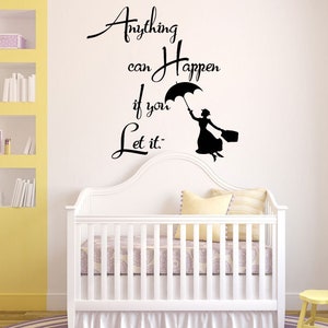 Calcomanía de pared con frase de Mary Poppins, calcomanías de dibujos animados para guardería, ¡Volemos una cometa! Arte de pared de Mary Poppins, 32 MP