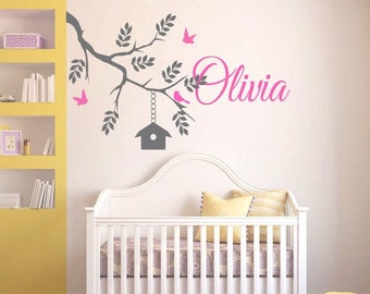 Personalized Name Wall Decal | Tree Branch Birds Wall Decal | Custom Name Wall Decal | Decal for Nursery cn43