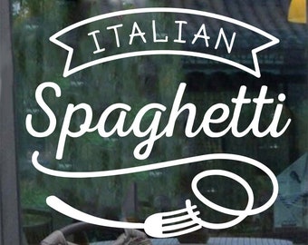 May include: White sign with the text "ITALIAN Spaghetti" in a cursive font. The sign has a fork and a loop at the bottom.