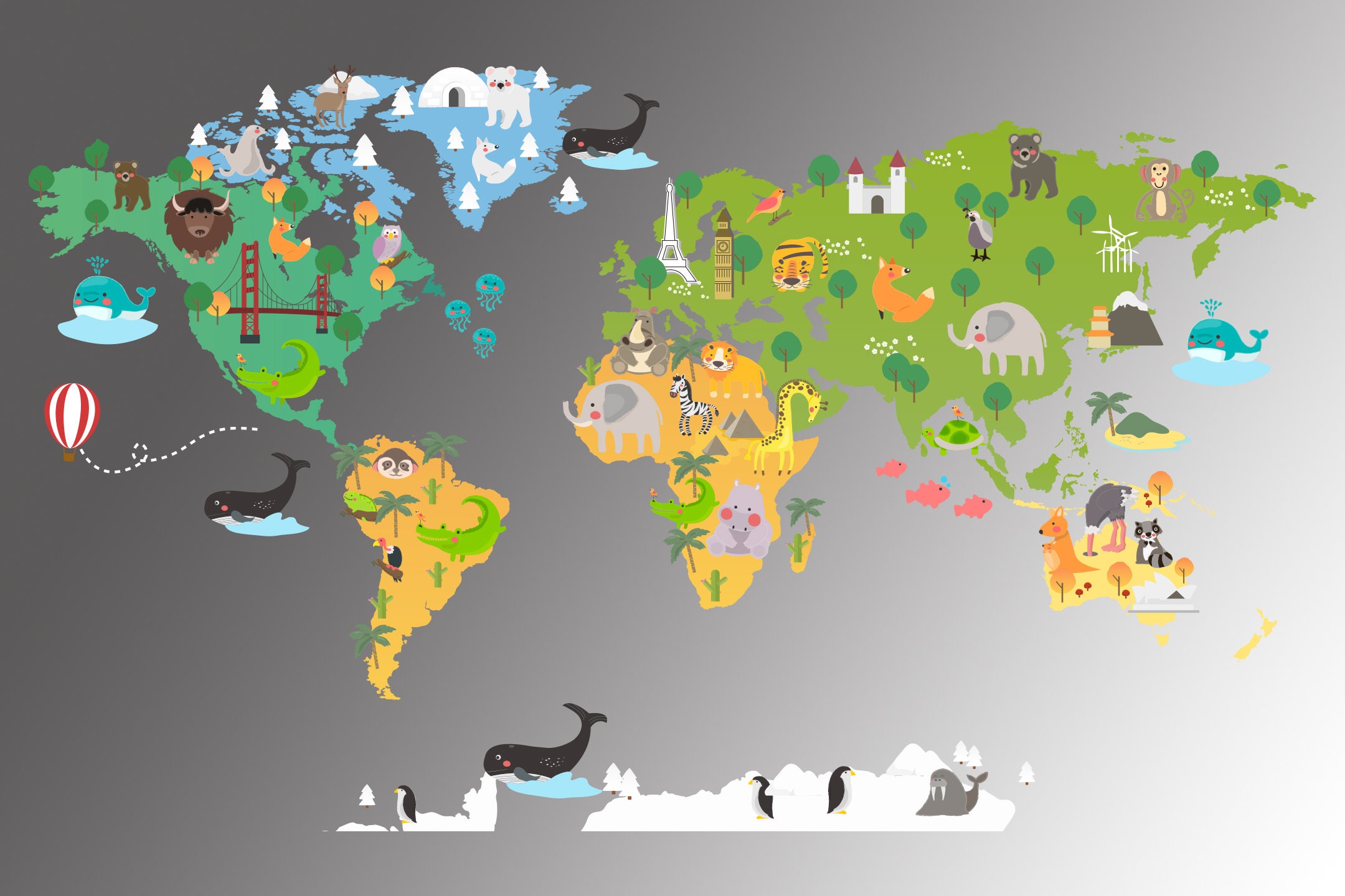 Wild World Map Wall Decal: Animals Design for Kids Nursery Room Decor ...