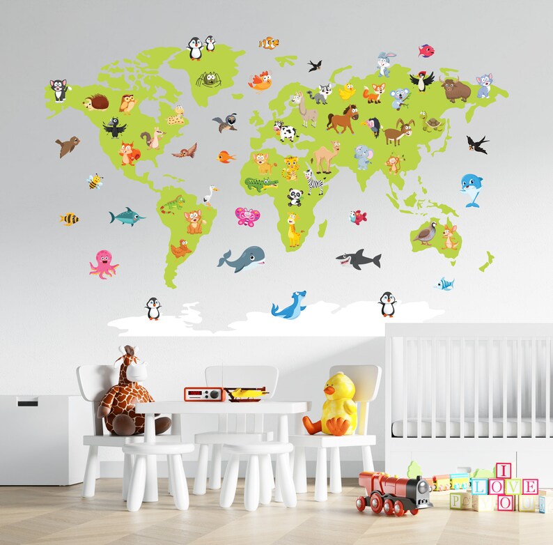 World Map Animals Wall Decal: Kids Nursery Decor, CD105 - Etsy