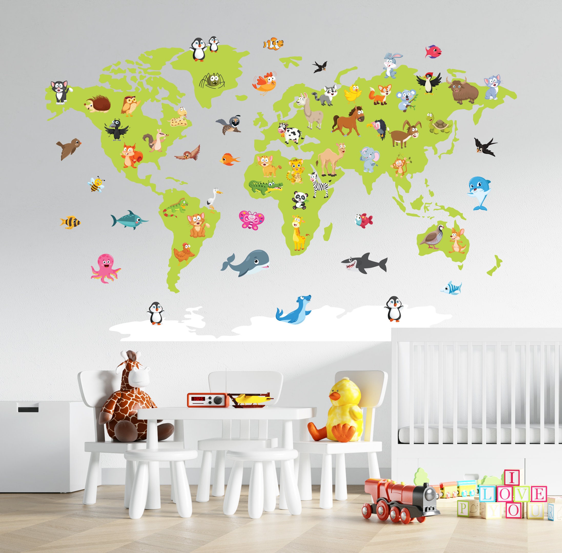 World Map Animals Wall Decal: Kids Nursery Decor, CD105 - Etsy