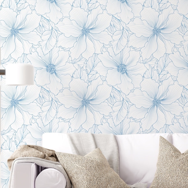 Blue Floral Wallpaper Etsy