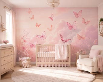 Blush Drift | Pink Butterfly Mural Wallpaper | Dreamy Cloud Peel and Stick Wall Art | PW701