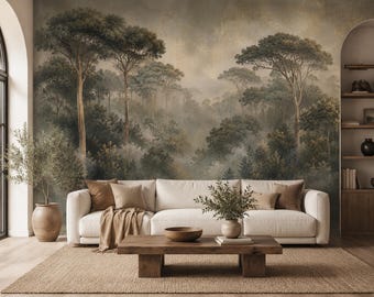 Soft Forest Wall Mural, Green Woodland Wallpaper, Neutral Nature Peel and Stick Mural BL6