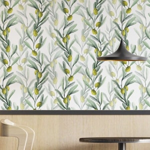 Watercolor Green Olives Wallpaper Peel and Stick Botanical Greenery Wallpaper for Kitchen Self Adhesive Removable Fabric Wallpaper PW84