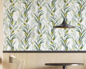 Watercolor Olive Branch Peel and Stick Wallpaper | Green Botanical Mural | Kitchen & Nature Decor | PW84