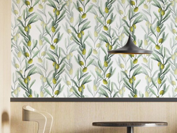 Watercolor Green Olives Wallpaper Peel and Stick Botanical - Etsy
