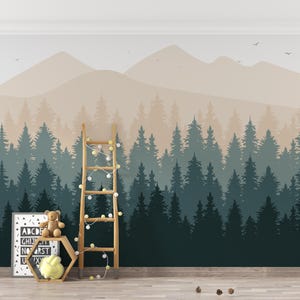 Pine Trees Forest Wall Mural Peel and Stick Wallpaper Nature Mountains Wallpaper Self Adhesive Removable Fabric Foggy Forest Wallpaper PW735