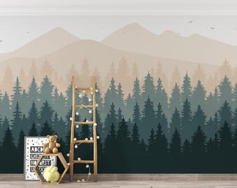 Pine Tree Forest Wall Mural | Brown Mountain Horizon Landscape Peel and Stick Wallpaper PW735
