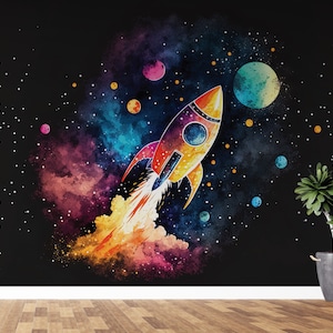 Space Ship Wallpaper Schälen und Stick Kinderzimmer Rakete Planet Sonnensystem Himmel Wandbild Weltraum Entfernbare Tapete PW432