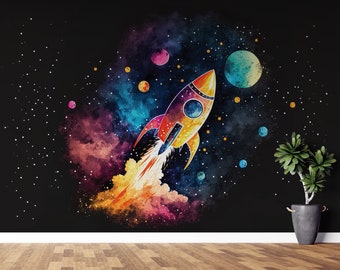 Galaxy Rocket Ship Mural | Kids Outer Space Peel & Stick Removable Wallpaper | Planets Stars | PW432