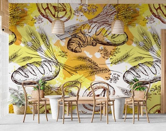 Bakery Sketch Wallpaper | Peel & Stick Cafe Mural | Removable Fabric Restaurant Wall Decor | PW527