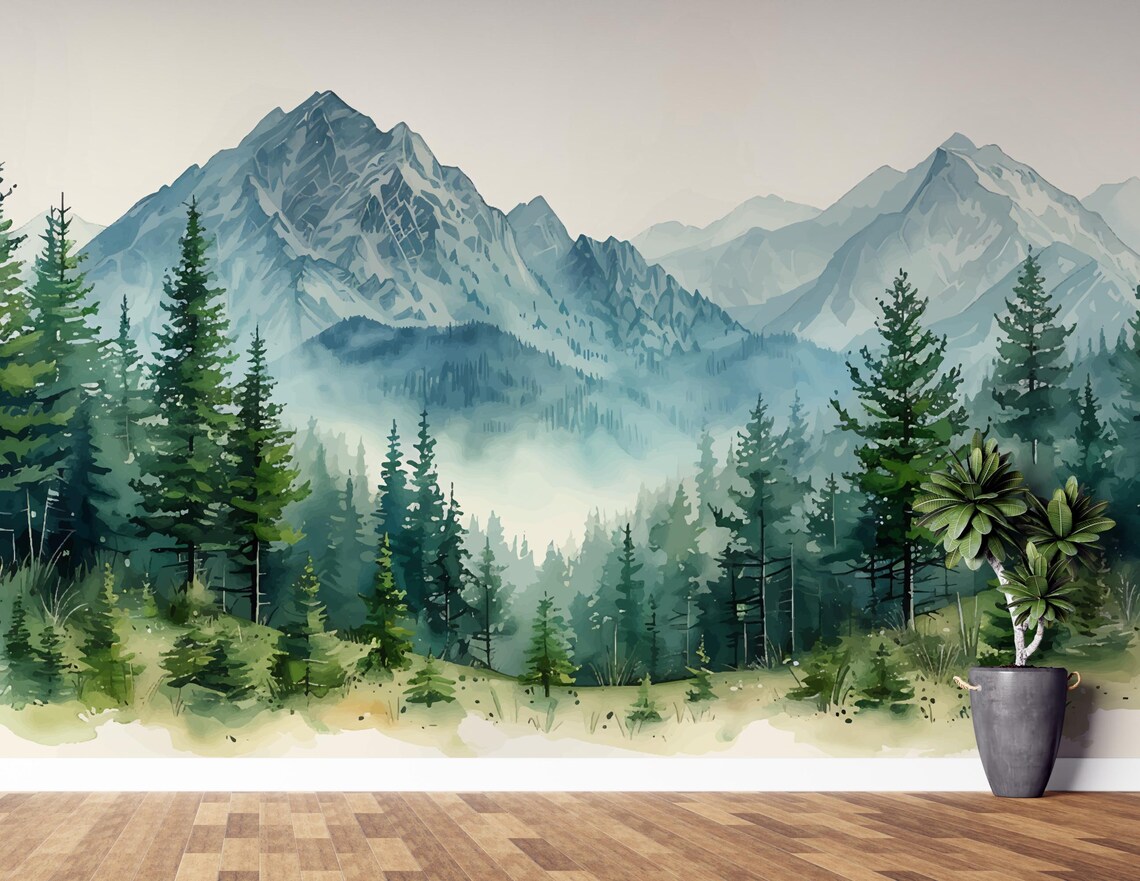 Watercolor Mountain Wallpaper | Peel and Stick Forest Mural | Blue ...