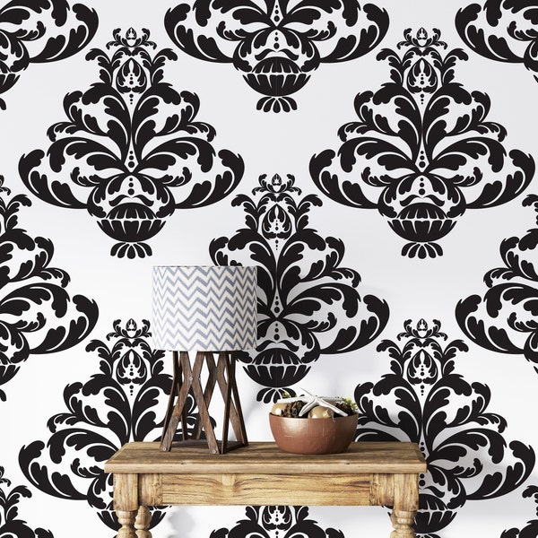 Victorian Damask Wallpaper Peel and Stick Vintage Damask Black and White Self Adhesive Removable Fabric Wallpaper PW37