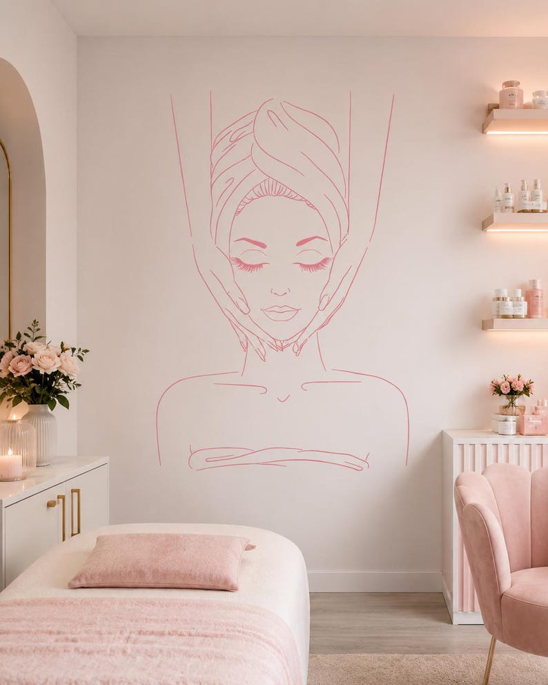 May include: A pink line art wall decal featuring a person with eyes closed, wrapped in a towel, receiving a facial massage. The minimalist illustration depicts the head, shoulders, and hands performing the massage, applied to a light wall.