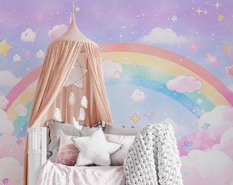 Dromerig regenboogwolkbehang | Luchtwolken Peel & Stick-stoffenmuurschildering | PW314