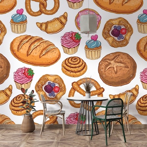 Bakery Wall Graphics Desserts Sweets Wallpaper Peel and Stick Wallpaper Cafe Bakery Restaurant Self Adhesive Removable Mural PW526